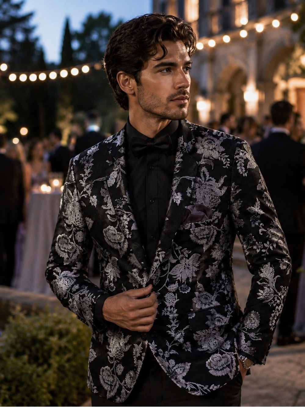 INC Men’s Floral Brocade Blazer Black Silver Formal Jacket Wedding Prom NWT - Picture 2 of 8